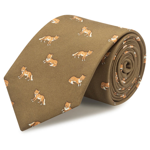 Country Green Silk Tie With Fox Design