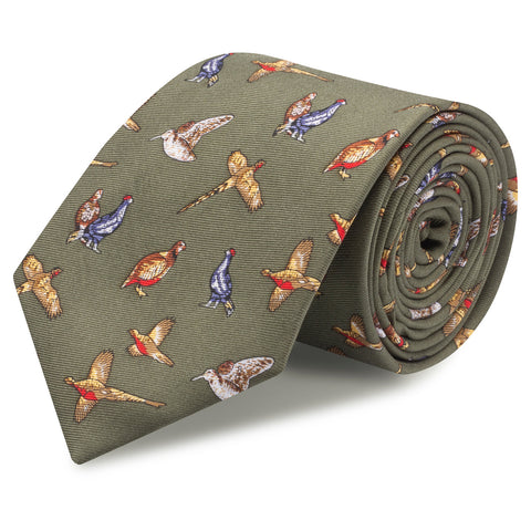 Green Printed Game Bird Luxury Silk Tie