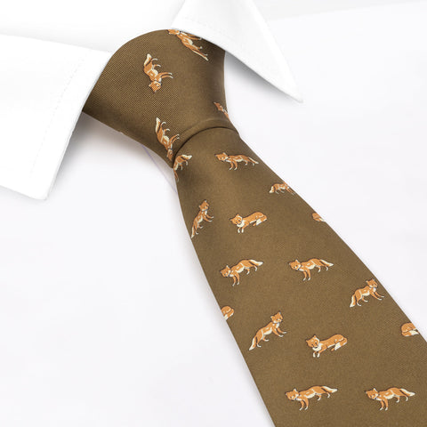 Country Green Silk Tie With Fox Design