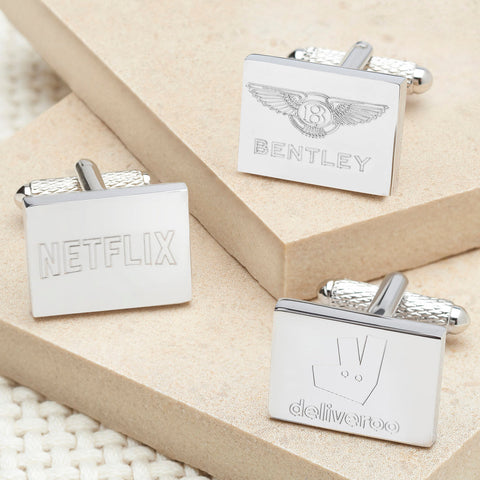 Traditional Engraved Logo Silver Rectangle Cufflinks