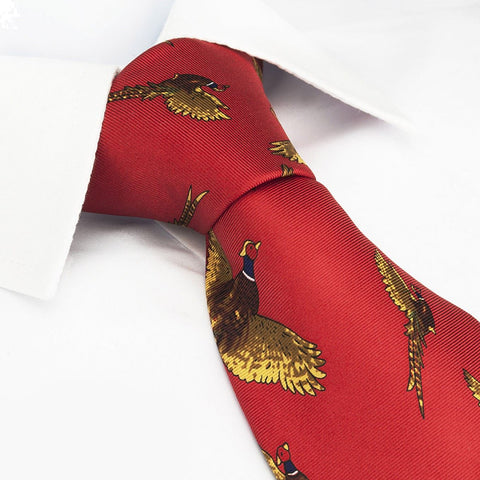 Bright Red Flying Pheasants Silk Tie