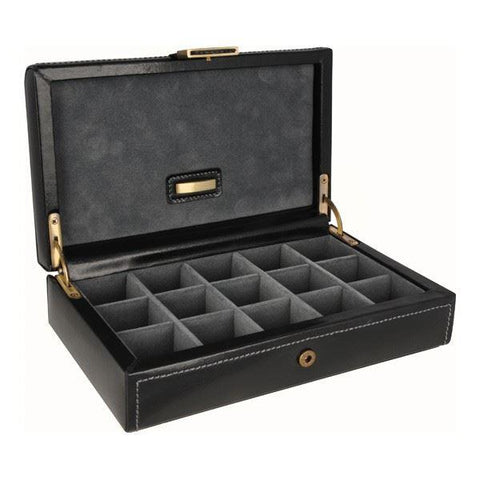 Heritage Premium Black Leather 15 Piece Cufflink Box