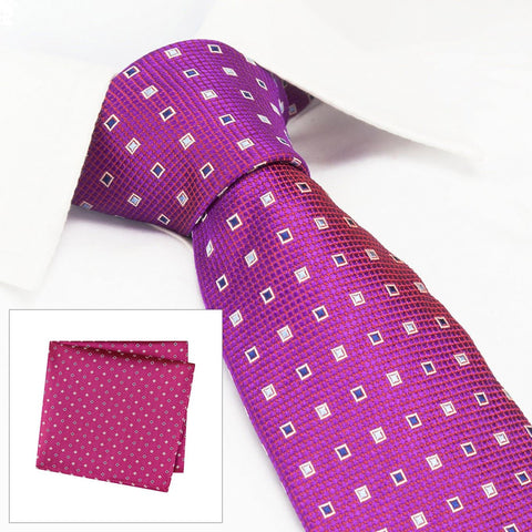 Magenta Square Patterned Silk Tie & Handkerchief Set