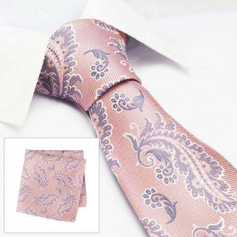 Pink Luxury Paisley Leaf Silk Tie & Handkerchief Set