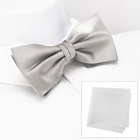 Plain Silver Silk Bow Tie & Handkerchief Set