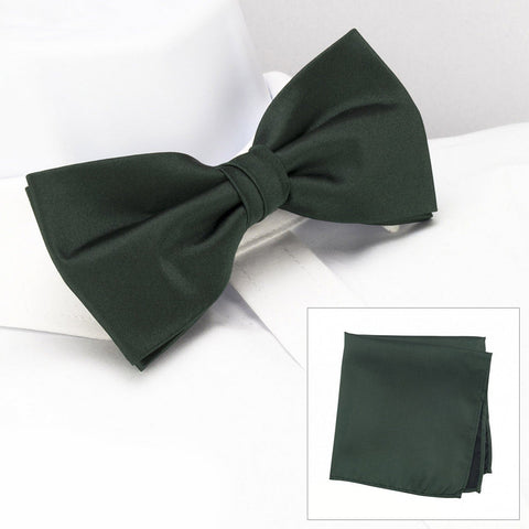 Plain Dark Green Silk Bow Tie & Handkerchief Set