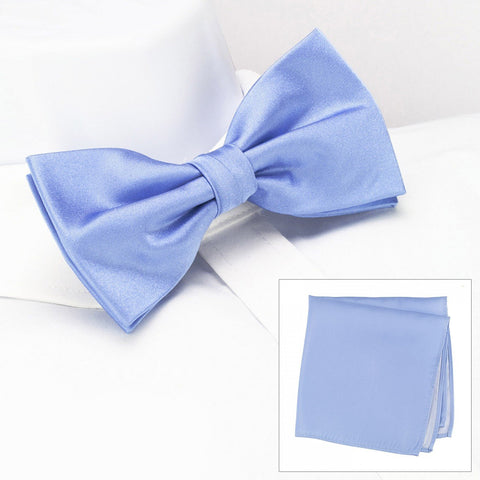 Plain Light Blue Silk Bow Tie & Handkerchief Set