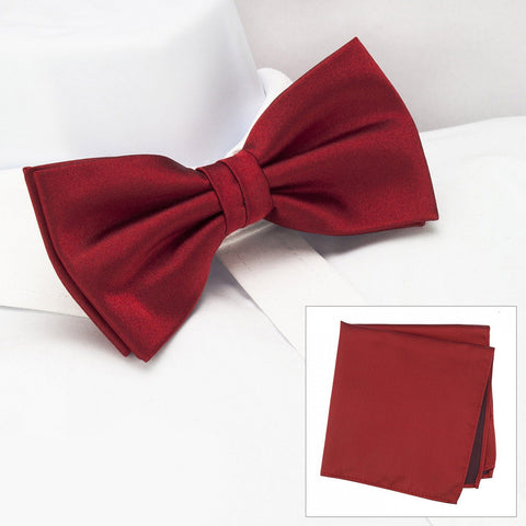 Plain Red Silk Bow Tie & Handkerchief Set