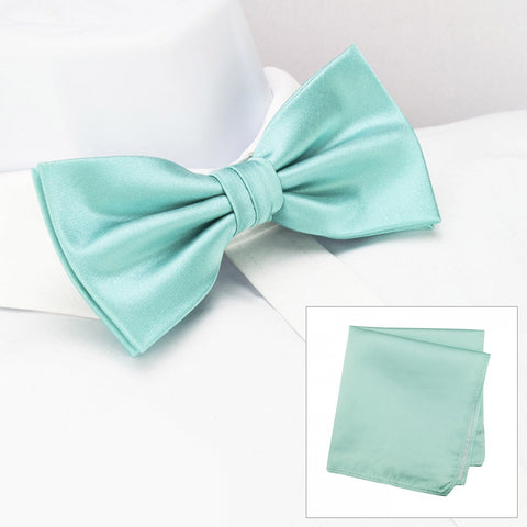 Plain Cyan Silk Bow Tie & Handkerchief Set