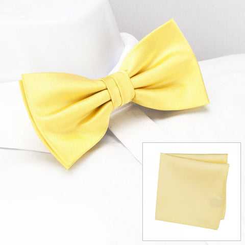 Plain Lemon Yellow Silk Bow Tie & Handkerchief Set