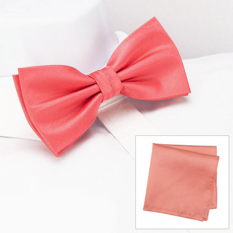 Plain Coral Silk Bow Tie & Handkerchief Set