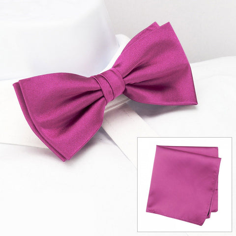 Plain Fuchsia Silk Bow Tie & Handkerchief Set