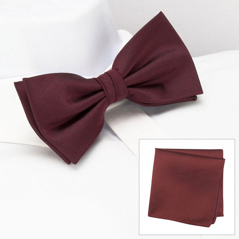 Plain Claret Silk Bow Tie & Handkerchief Set