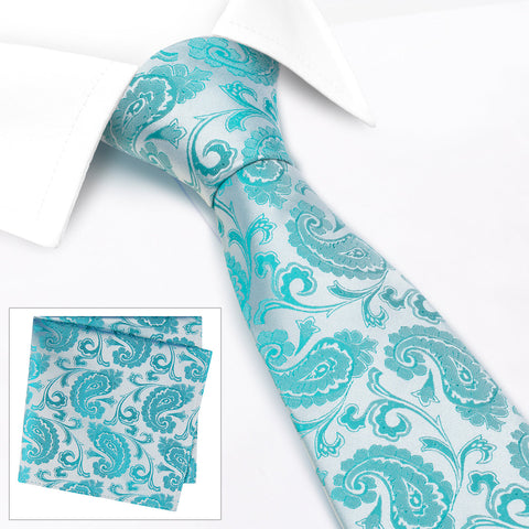 Classic Turquoise Paisley Silk Tie & Handkerchief Set