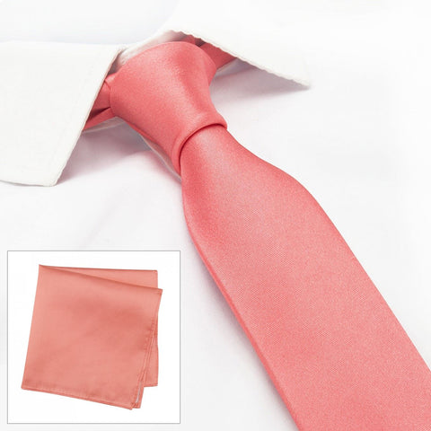 Plain Coral Slim Silk Tie & Handkerchief Set