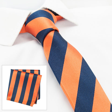 Orange & Navy Woven Striped Slim Silk Tie & Handkerchief Set