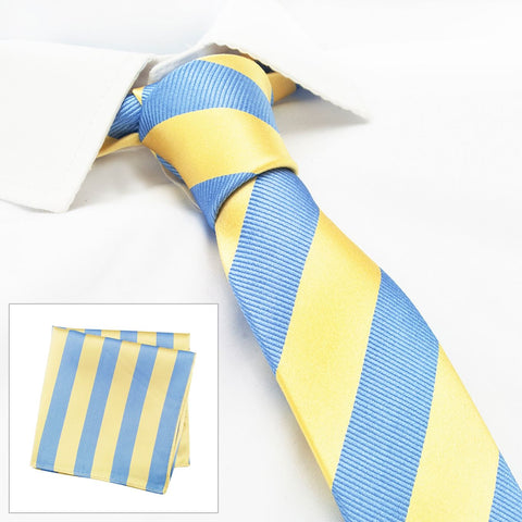 Yellow & Blue Woven Striped Slim Silk Tie & Handkerchief Set