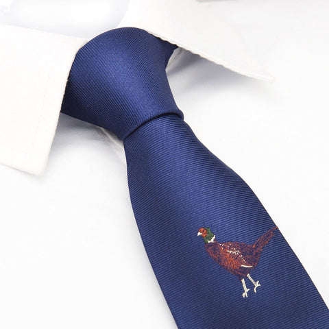 Navy Pheasant Motif Luxury Silk Tie