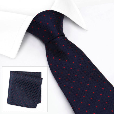 Navy & Red Classic Textured Spot Silk Tie & Handkerchief Set