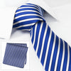 Blue & White Striped Luxury Woven Silk Tie & Handkerchief Set