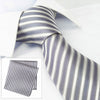 Grey & Silver Striped Luxury Woven Silk Tie & Handkerchief Set
