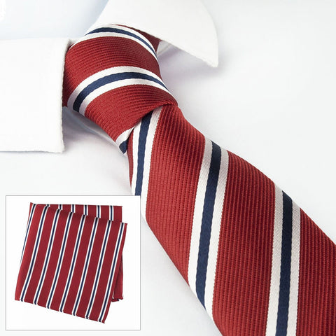 Slim Red With White & Blue Stripes Silk Tie & Handkerchief Set