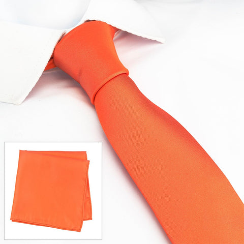 Plain Orange Slim Silk Tie & Handkerchief Set