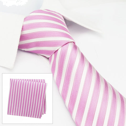 Pink & White Striped Woven Silk Tie & Handkerchief Set