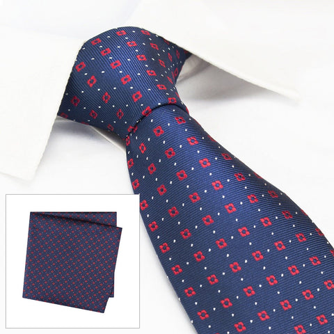 Navy & Red Flower Spot Silk Tie & Handkerchief Set