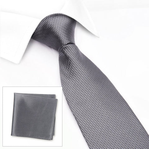 Grey Herringbone Silk Tie & Handkerchief Set