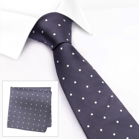 Charcoal Grey Polka Dot Silk Tie & Handkerchief Set