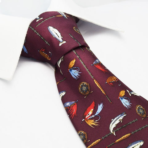 Wine Fly & Rod Silk Tie