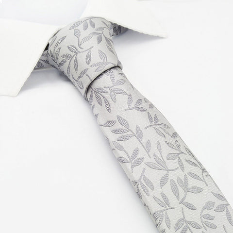 Silver Jacquard Leaf Slim Silk Tie