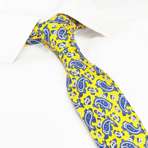 Yellow Paisley Printed Slim Silk Tie