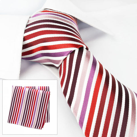 Red, Pink and Purple Striped Woven Silk Tie & Handkerchief Set