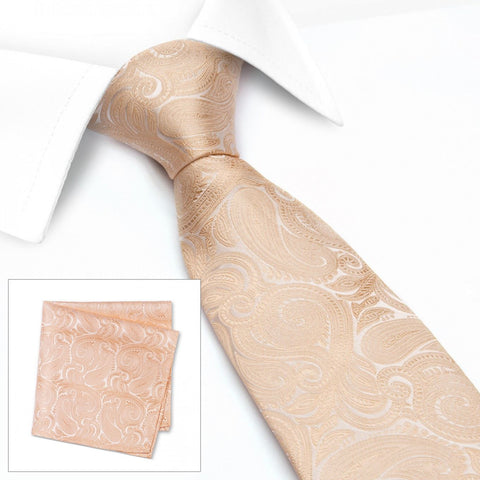 Pastel Peach Paisley Woven Silk Tie & Handkerchief Set