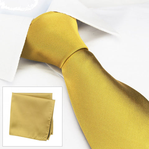 Plain Gold Silk Tie & Handkerchief Set