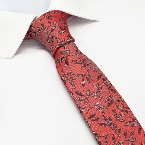 Red Jacquard Leaf Slim Silk Tie