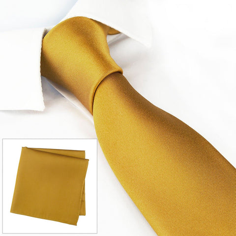 Slim Plain Gold Silk Tie & Handkerchief Set