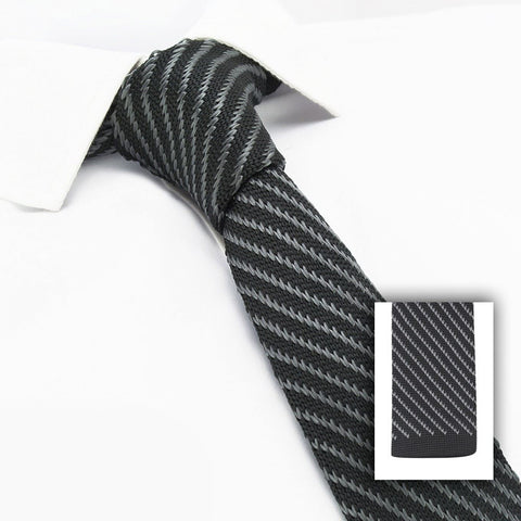 Black & Grey Striped Knitted Square Cut Tie