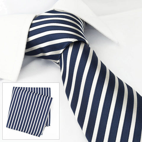 Navy & White Striped Woven Silk Tie & Handkerchief Set