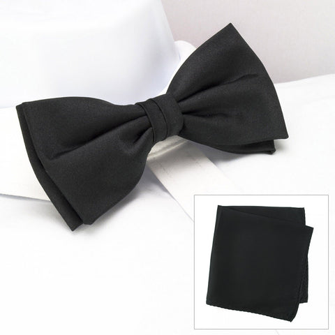 Plain Black Silk Bow Tie & Handkerchief Set
