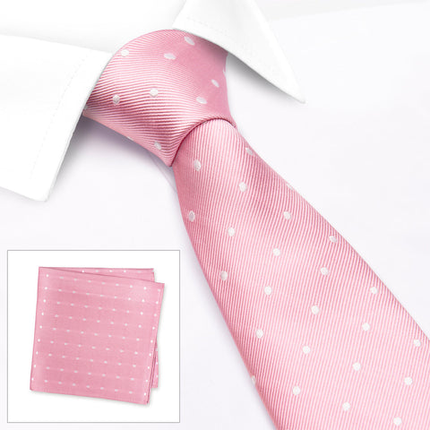 Pink & White Polka Dot Woven Silk Tie & Handkerchief Set