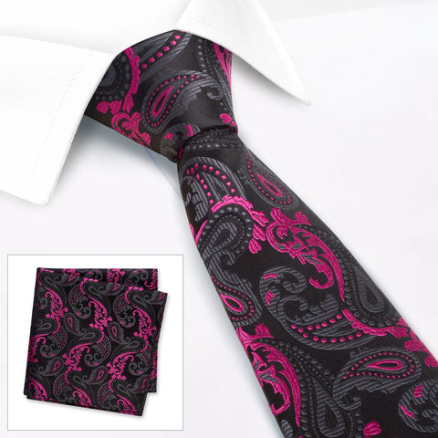 Black and Pink Paisley Luxury Silk Tie & Handkerchief Set