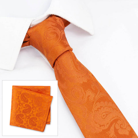 Classic Orange Paisley Luxury Slim Silk Tie & Handkerchief Set