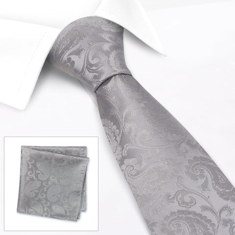 Classic Silver Paisley Silk Tie & Handkerchief Set