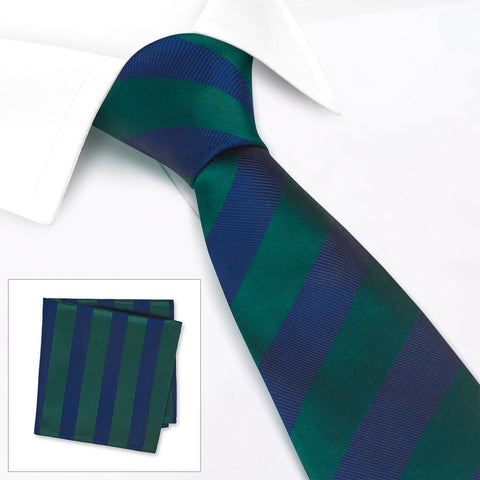 Dark Green & Navy Woven Striped Silk Tie & Handkerchief Set