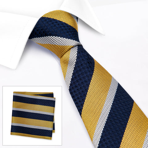 Yellow & Navy Textured Classic Striped Silk Tie & Handkerchief Set