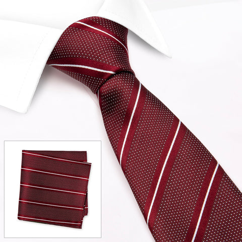 Dark Red Striped Micro Dot Silk Tie & Handkerchief Set