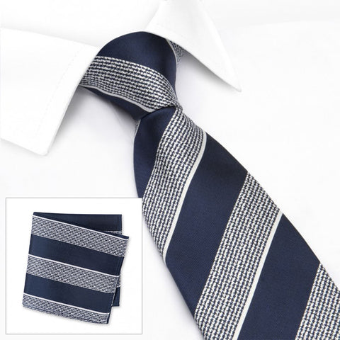 Navy & White Textured Classic Striped Silk Tie & Handkerchief Set